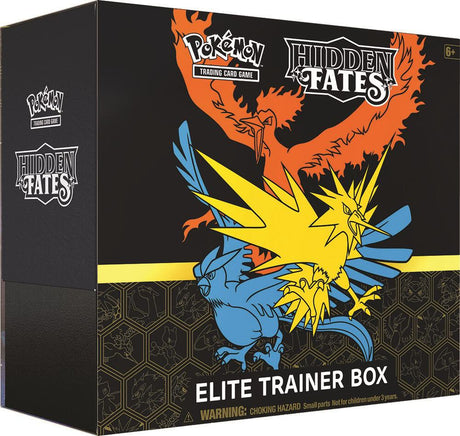Pokemon Hidden Fates Elite Trainer Box for Pokémon TCG with vibrant artwork and game accessories inside.