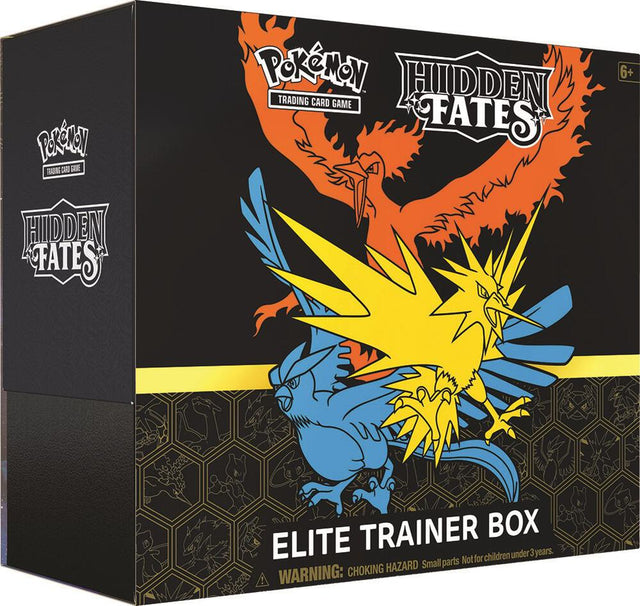 Pokemon Hidden Fates Elite Trainer Box for Pokémon TCG with vibrant artwork and game accessories inside.