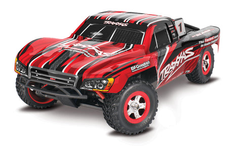 Traxxas 1/16 Slash 4X4 remote control truck with USB-C charging port, detailed design, and off-road tires, ready for action.