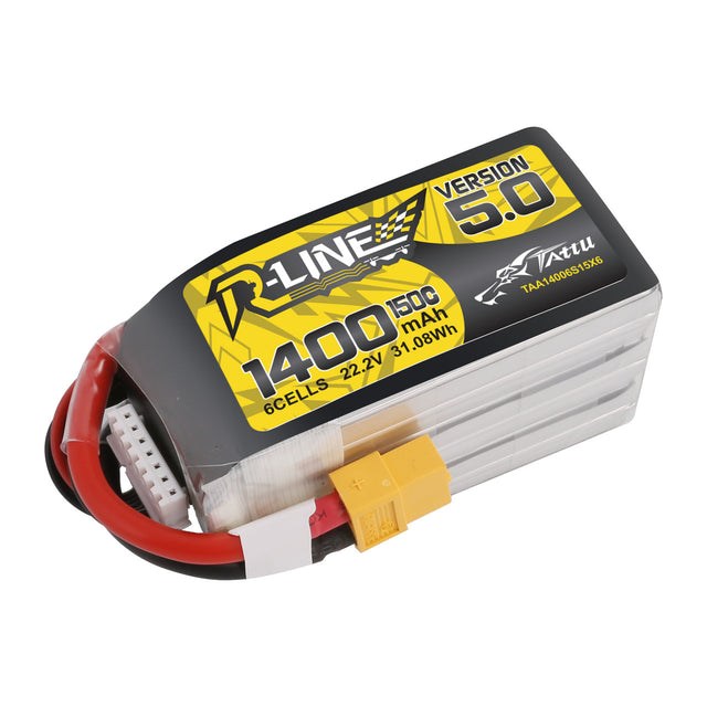Tattu R-Line Version 5.0 1400mAh 22.2V 150C 6S1P LiPo battery pack with XT60 connector for RC drones and model vehicles.