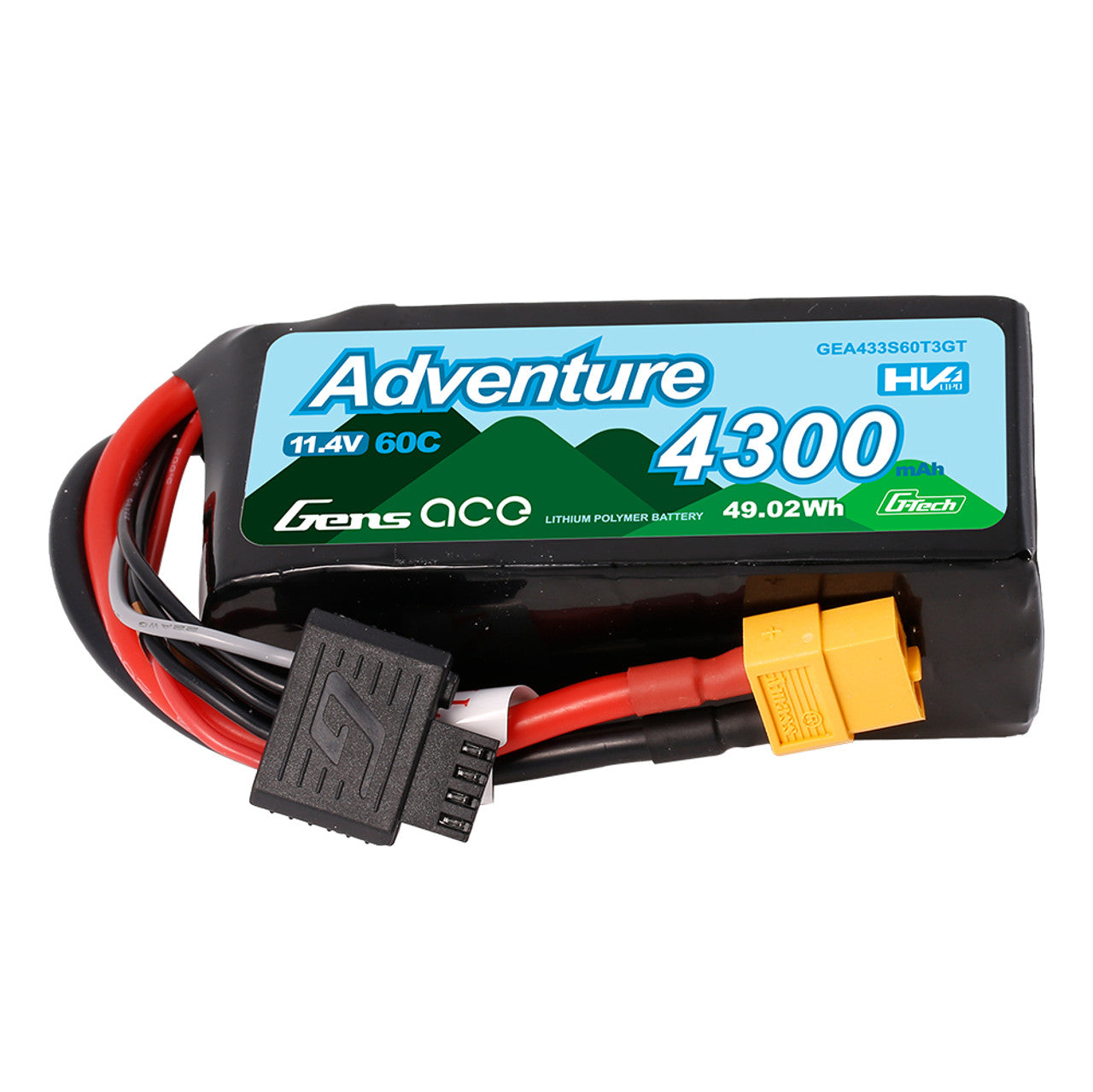 Gens Ace 4300mAh 3S 60C high voltage LiPo battery with Deans and XT60 connectors for RC hobby use