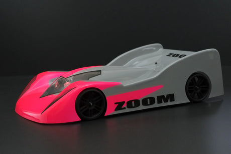 RC body by Phat Bodies featuring the Zoom Speedrun 225mm wheelbase, shown with sleek aerodynamic design and vibrant graphics.