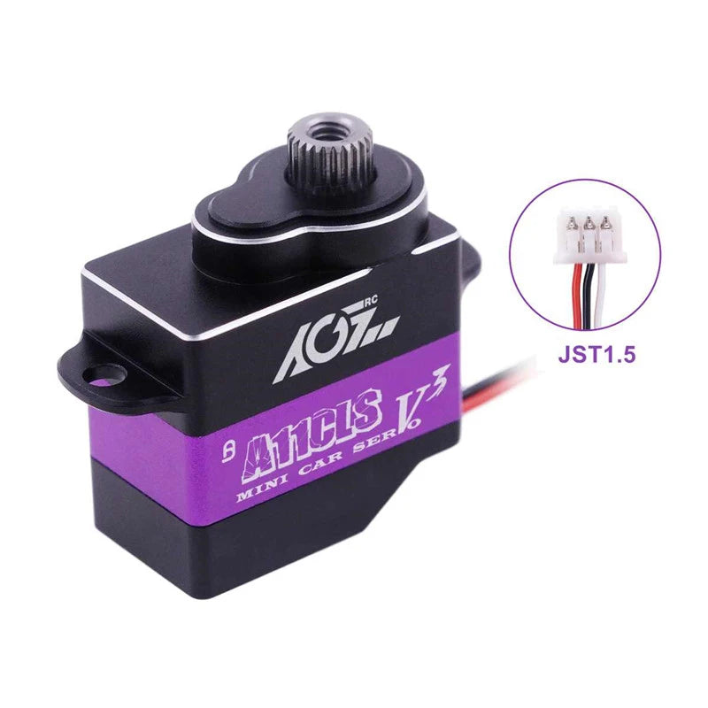 AGF RC A11CLSV3 digital coreless micro servo for RC car, compact and programmable, with metal gears and electrical connections.