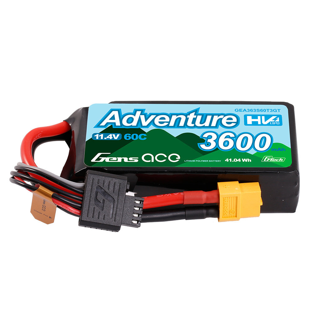 Gens Ace 3600mAh 3S 60C Adventure HV LiPo battery with XT60 connector, black and yellow design, used for RC models.