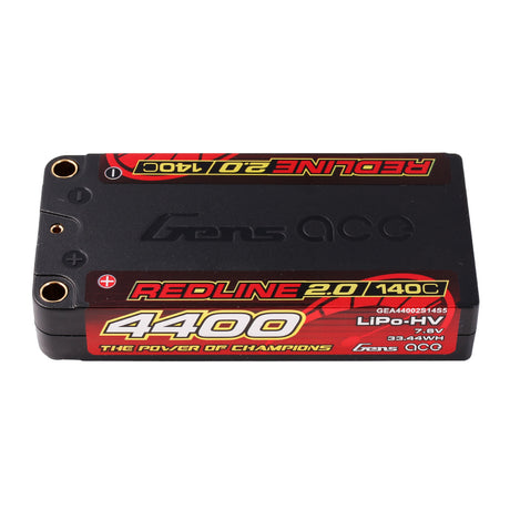 Gens Ace 4400mAh 2S 140C hardcase Shorty LiPo-HV battery with red and black design for RC applications