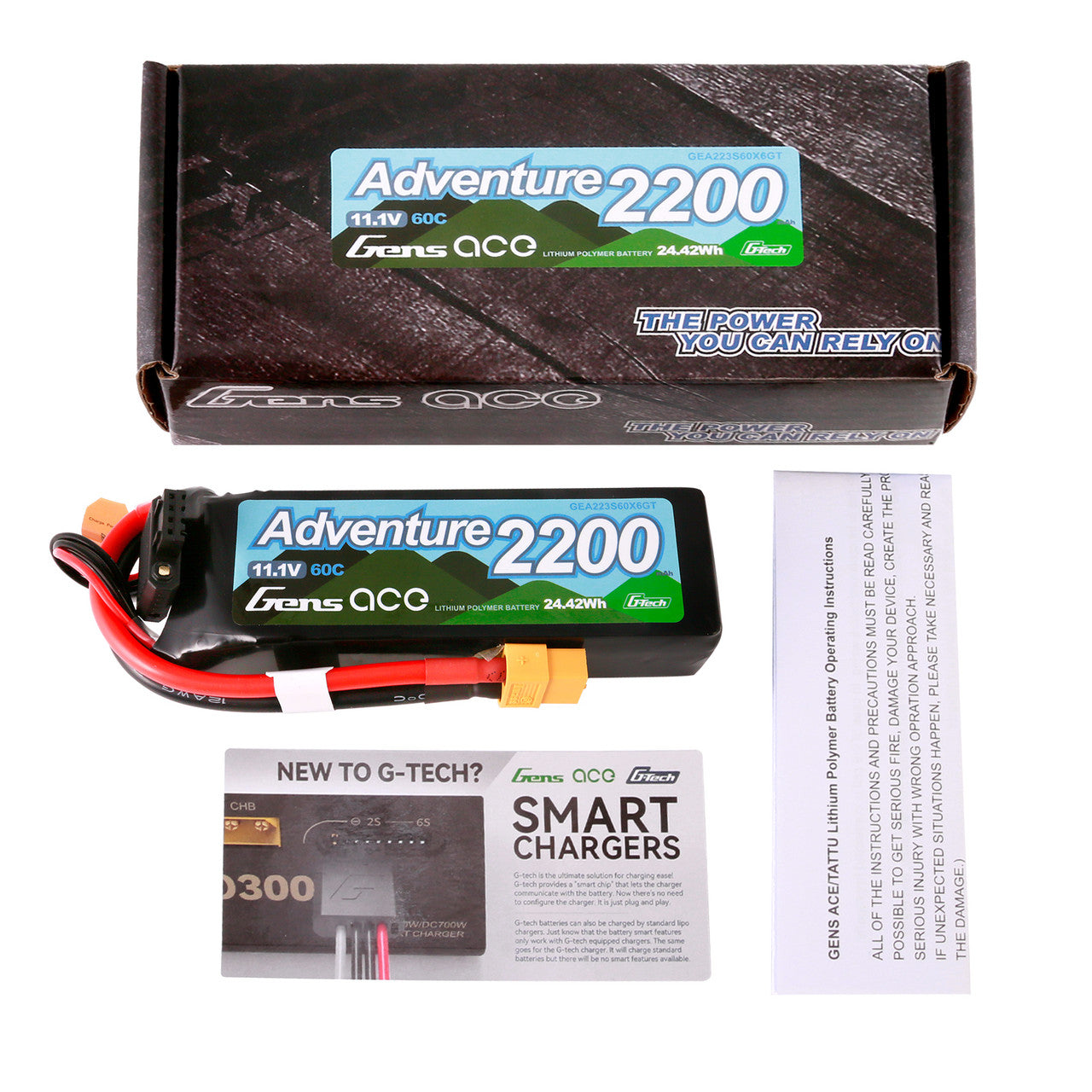 Gens Ace 2200mAh 3S 60C G-Tech LiPo battery with XT60 connector for RC drones and models.