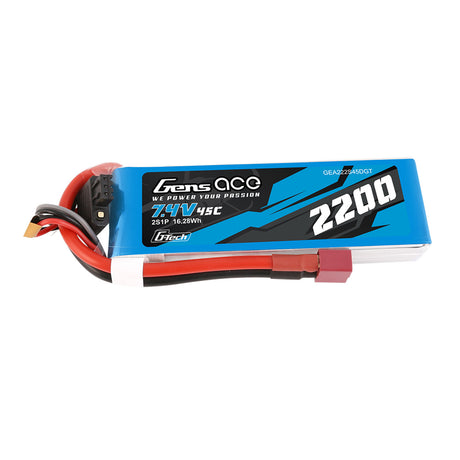 Gens Ace G-Tech 2200mAh 7.4V 45C RC car LiPo battery with black and red connector wires and label showing specifications.