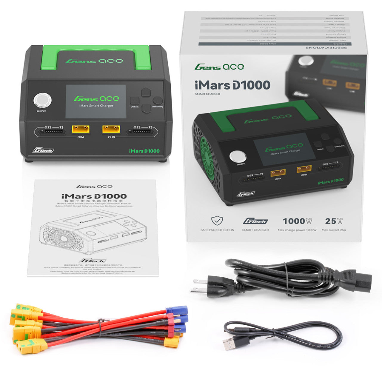 Gens Ace iMARS D1000 Smart Charger 1000W dual-channel RC car battery charger with digital display and multiple connection ports