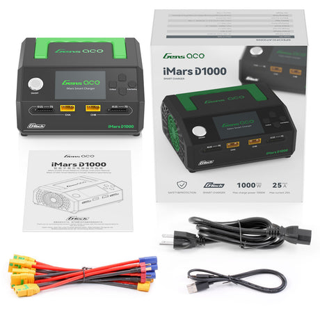 Gens Ace iMARS D1000 Smart Charger 1000W dual-channel RC car battery charger with digital display and multiple connection ports