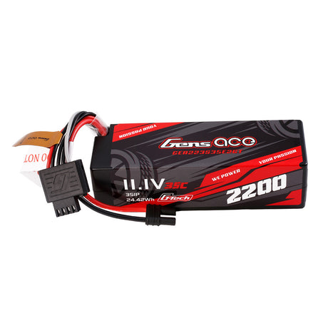 Gens Ace 2200mAh 3S 35C G-Tech hardcase LiPo battery with IEC2 connector, shown in protective black hard case.