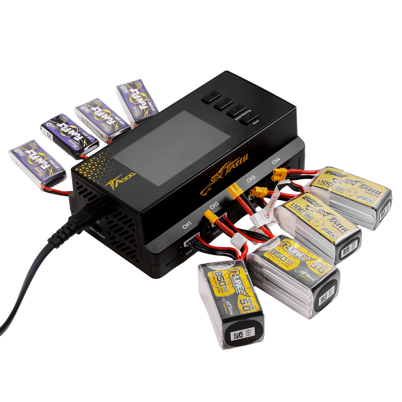 Gens Ace Tattu TA300 8-channel smart charger with G-Tech display for efficient lithium battery charging and balancing.