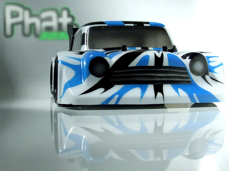 RC body by Phat Bodies, Banzai Mini Body with 190mm wheelbase, showing detailed aerodynamic design and vibrant graphics.