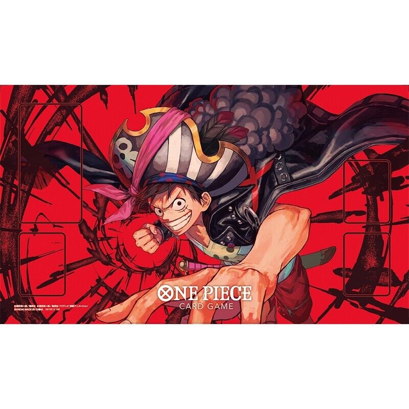 Official Bandai One Piece TCG playmat featuring vibrant artwork and detailed designs for trading card gameplay.