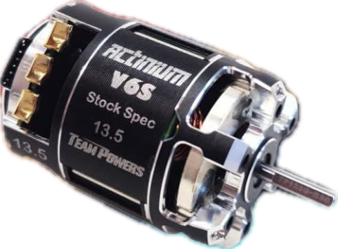 Team Powers Actinium V6S brushless motor for RC cars, shown with cooling fins and wiring connections.