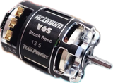 Team Powers Actinium V6S brushless motor for RC cars, shown with cooling fins and wiring connections.
