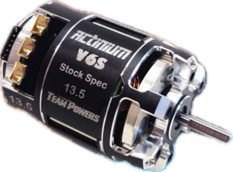 Team Powers Actinium V6S brushless motor for RC cars, shown with cooling fins and wiring connections.