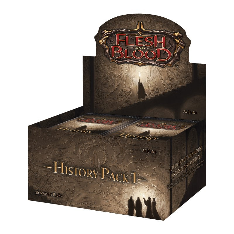 Flesh and Blood History Pack 1 Booster Box of collectible trading cards from Legends Story Studios, featuring vibrant card artwork.
