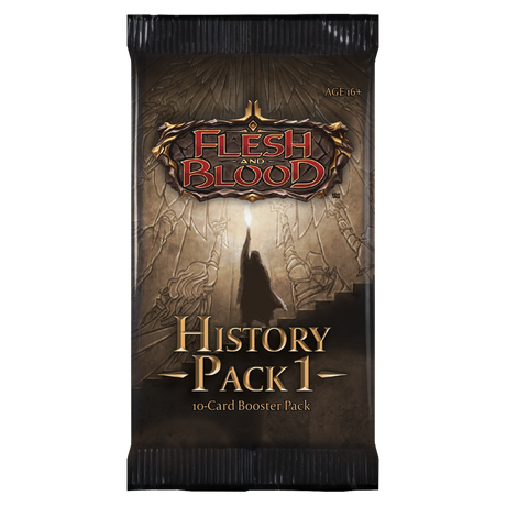 Flesh and Blood History Pack 1 booster pack of collectible trading cards by Legends Story Studios, featuring vibrant card artwork.