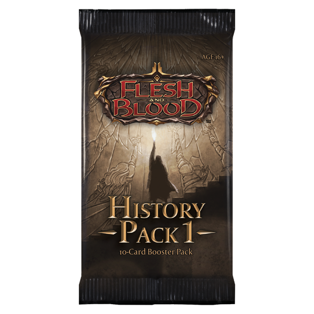 Flesh and Blood History Pack 1 booster pack of collectible trading cards by Legends Story Studios, featuring vibrant card artwork.
