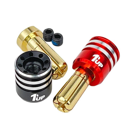 Close-up of 1up Racing 5mm heatsink bullet plug connectors and grips for RC car wiring, showcasing durable metal and grip design.