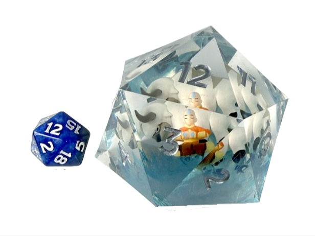 Sirius Dice MTG: The Last Airbender 55mm Spindown d20, blue and white gaming die with Air Nomad symbol, on a white background.