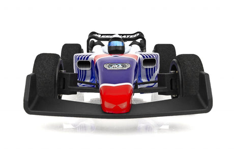 Team Associated F28 Formula RC 1/28 scale 2WD RC car shown in low-angle view with sleek design and vibrant colors.