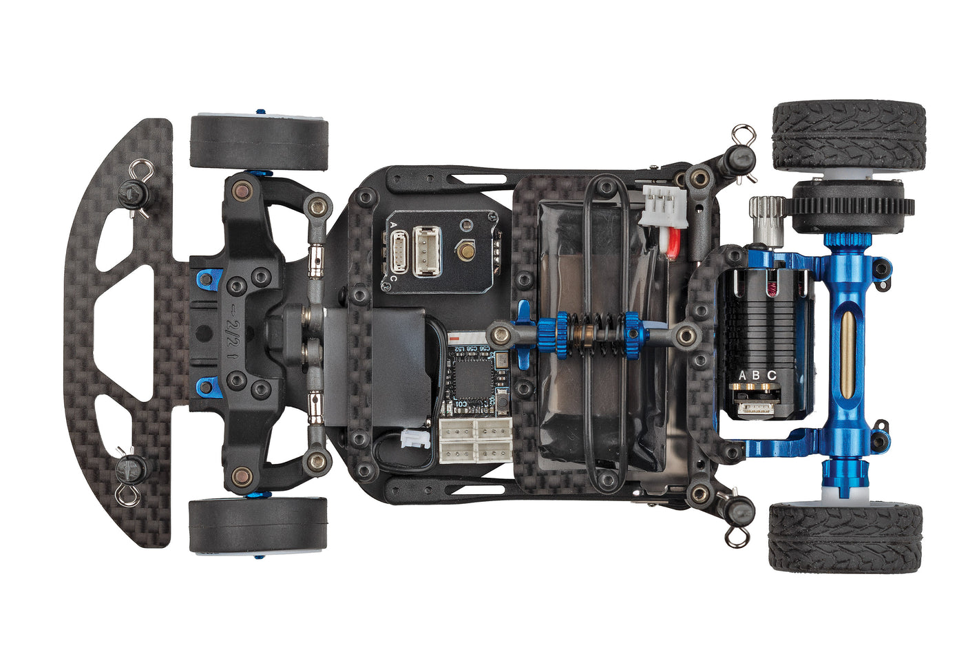 Top-down view of the Team Associated RC28 Team Kit RC car with detailed chassis and colorful body design.