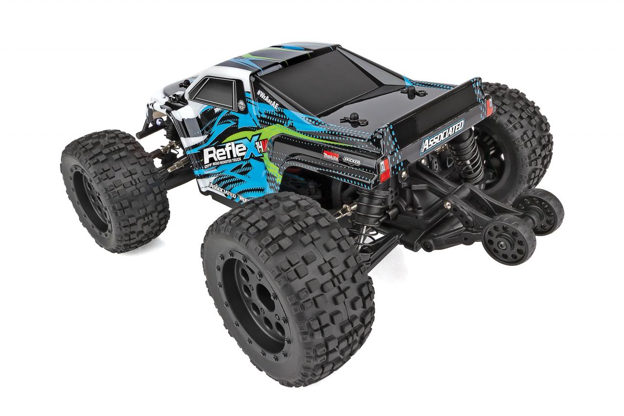 Team Associated Reflex 14MT 1/14 4WD RC Monster Truck on a track, showcasing its rugged design and detailed body.