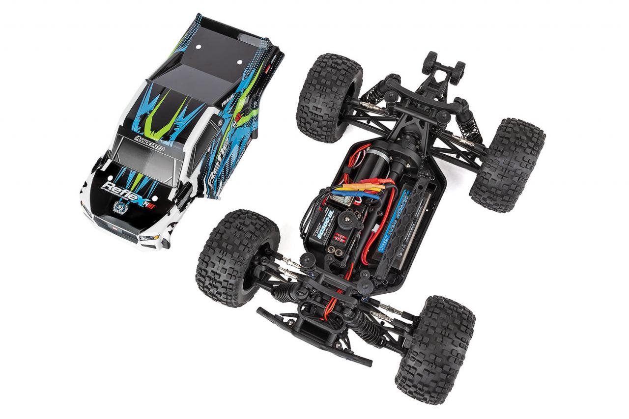 Team Associated Reflex 14MT 1/14 scale 4WD RC monster truck viewed from top and side showing black body and rugged tires.