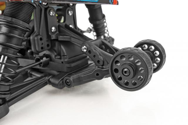Team Associated Reflex 14MT 1/14 scale 4WD monster RC car with wheelie bar on rugged terrain.