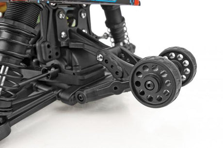 Team Associated Reflex 14MT 1/14 scale 4WD monster RC car with wheelie bar on rugged terrain.