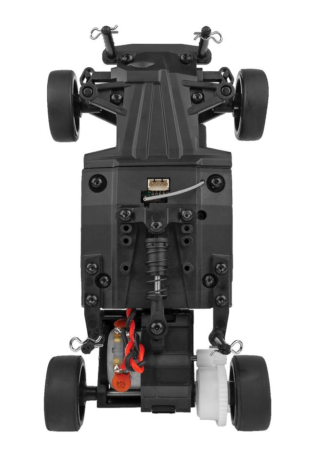 Top-down view of Team Associated SR27 Nissan Z RTR RC car with detailed body and sleek design.
