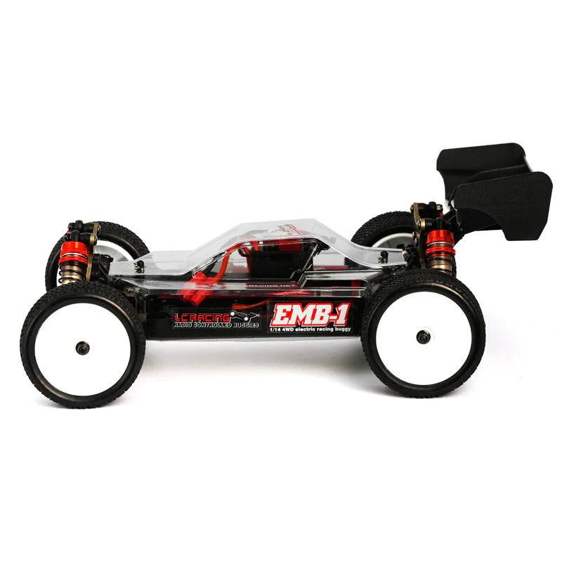 LC Racing EMB-1 Pro 1/14 4WD Buggy Kit, detailed view of the RC racing buggy with black and red accents.