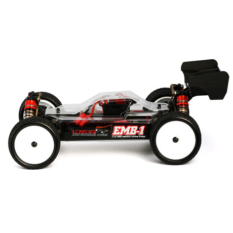 LC Racing EMB-1 Pro 1/14 4WD Buggy Kit, detailed view of the RC racing buggy with black and red accents.