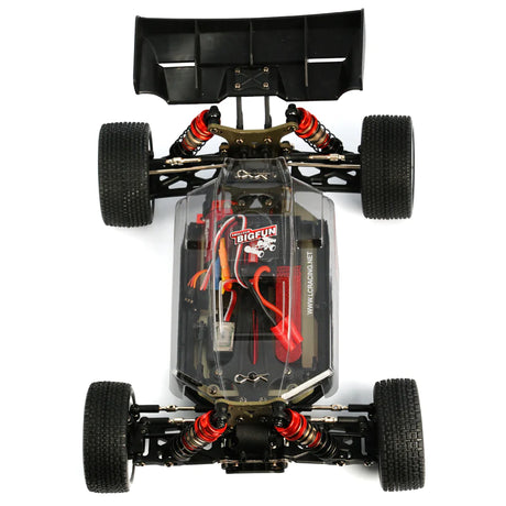 LC Racing EMB-1 1/14 4WD Buggy Kit, assembled RC buggy with detailed chassis and off-road tires, ready for racing.