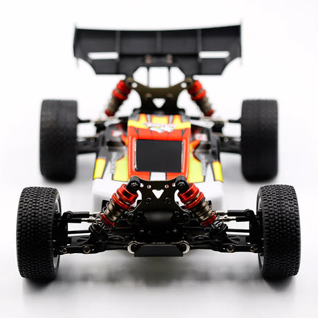 LC Racing EMB-1 1/14 scale 4WD RTR buggy shown with detailed chassis and off-road tires, ready for RC racing.