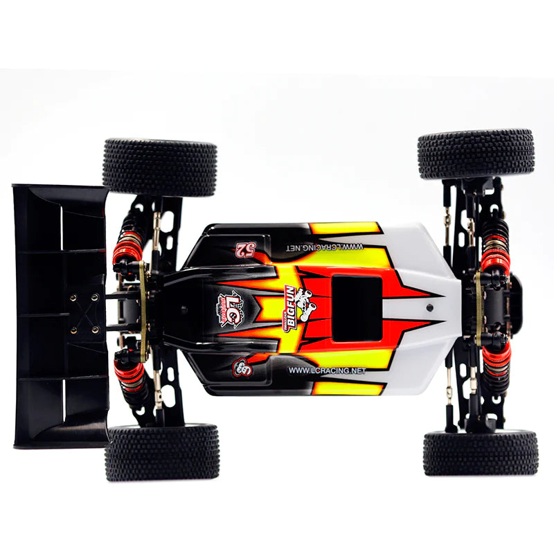 LC Racing EMB-1 1/14 scale 4WD RTR buggy shown on a track, featuring detailed chassis and off-road tires.