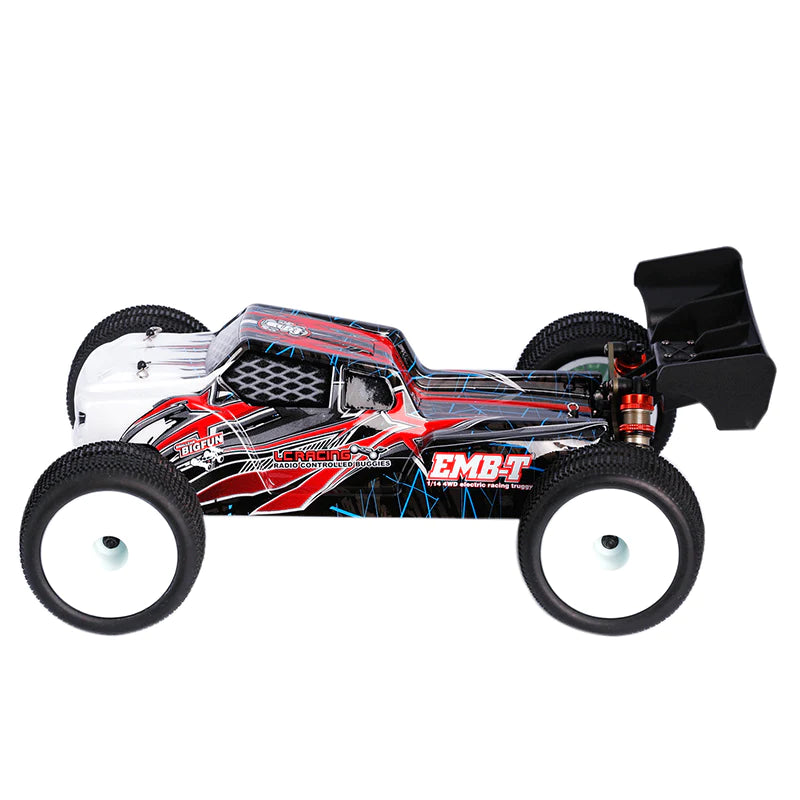 LC Racing EMB-T 1/14 scale 4WD RTR Truggy RC car with detailed body and rugged tires, ready for off-road racing.
