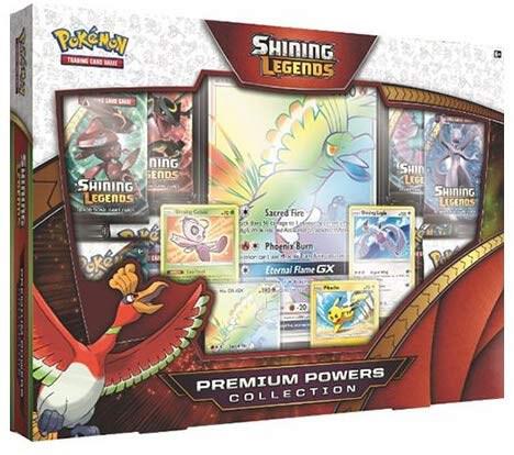 Pokemon Shining Legends Premium Powers Collection box featuring Pokémon TCG cards, artwork, and collectible items.