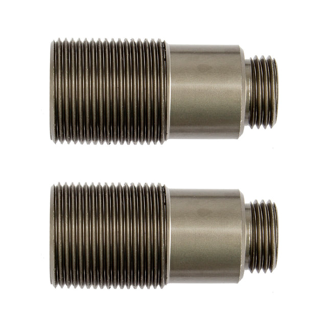 Team Associated Reflex 14 aluminum RC car shock bodies, 10x19mm, showing sleek silver metal construction and mounting details.