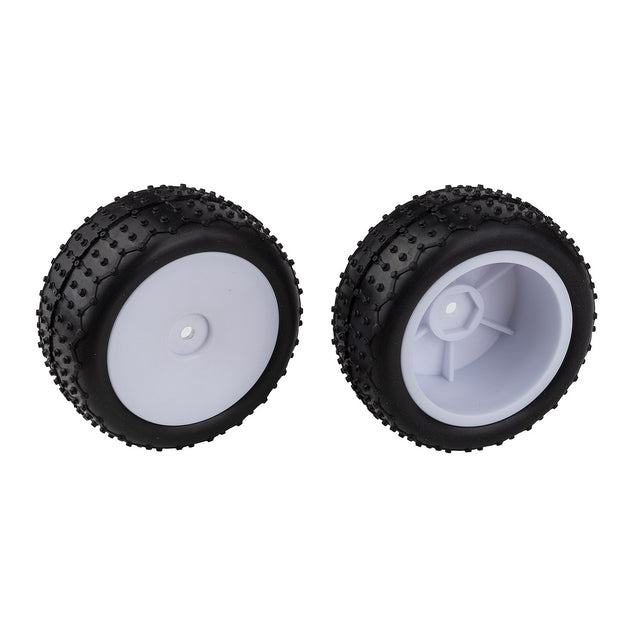 Team Associated Reflex 14 rear wide mini pin tires for RC car, white rubber tires with textured tread for off-road racing.