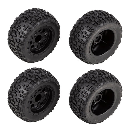 Team Associated Reflex 14MT RC car tires and wheels set, showing black rubber tires and silver alloy wheels for remote control racing.