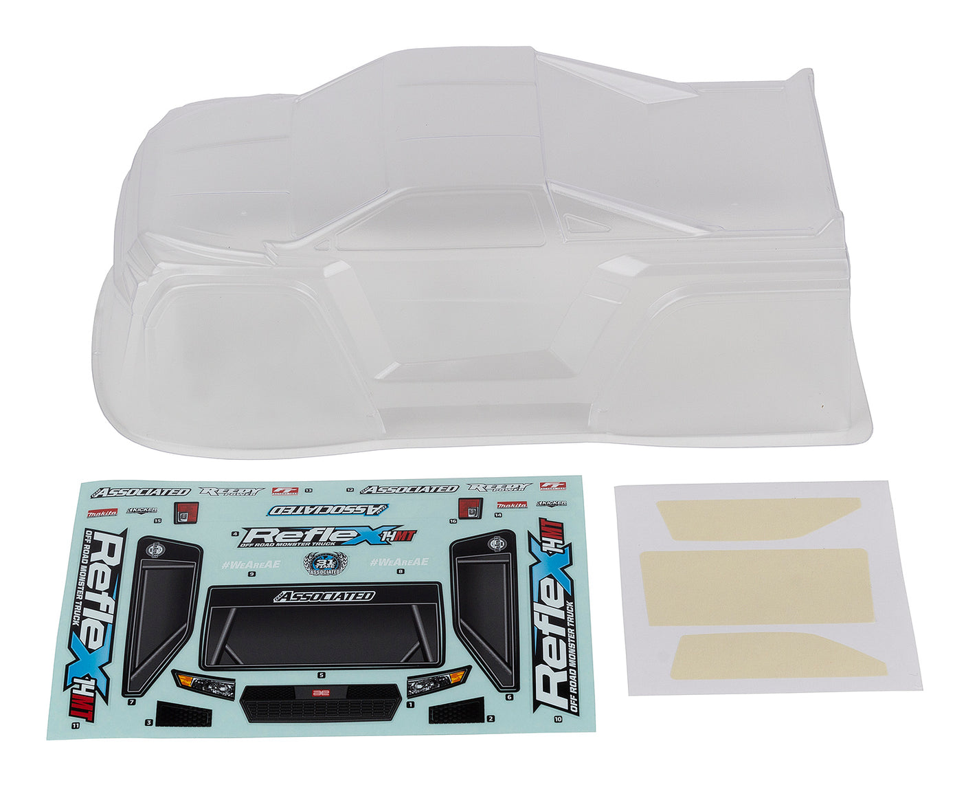 Team Associated Reflex 14MT RC car clear body shell, lightweight and aerodynamic for remote control racing vehicles.