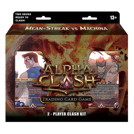 Two-player Alpha Clash TCG Clashgrounds kit with collectible trading cards from Rising Empire Studios for strategic gameplay.
