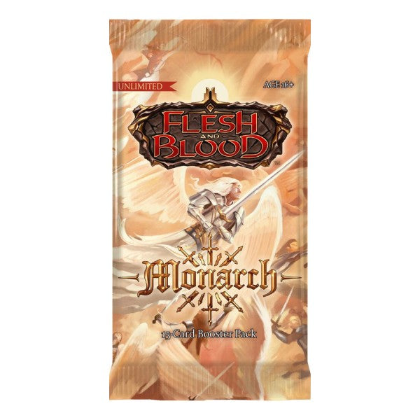 Flesh and Blood Monarch Unlimited booster pack of collectible trading cards from Legends Story Studios on a white background.