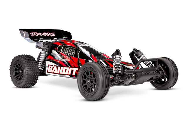 Red Traxxas Bandit XL-5 radio-controlled car with battery, shown from a three-quarter front view.
