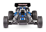 Blue Traxxas Bandit XL-5 RC car with front view, featuring battery and detailed exterior for high-performance off-road racing.