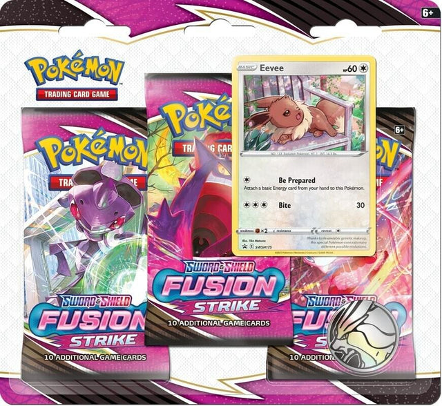 Pokémon TCG Fusion Strike 3-Pack Blister with booster packs and promo cards featuring Pokémon characters and vibrant artwork.