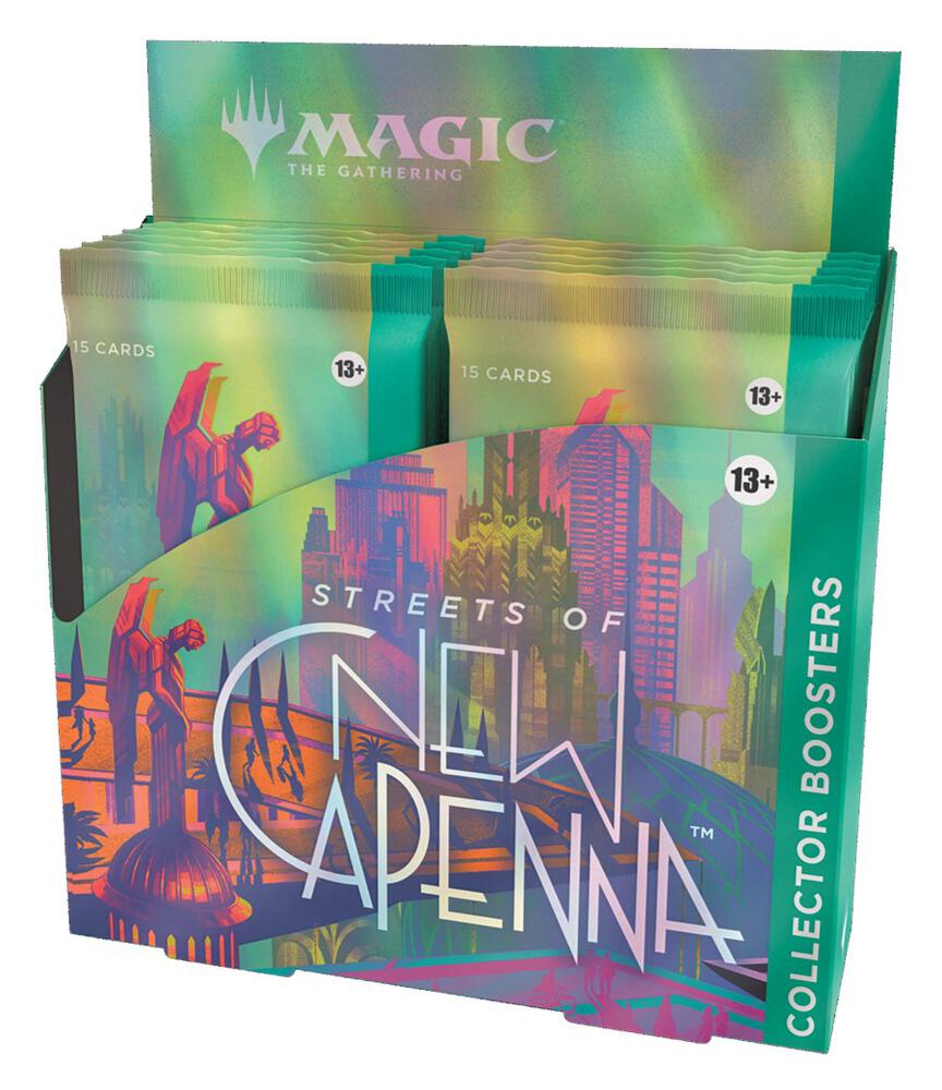 MTG Streets of New Capenna Collector's Booster Box by Wizards of the Coast, featuring colorful fantasy card art and booster packaging.
