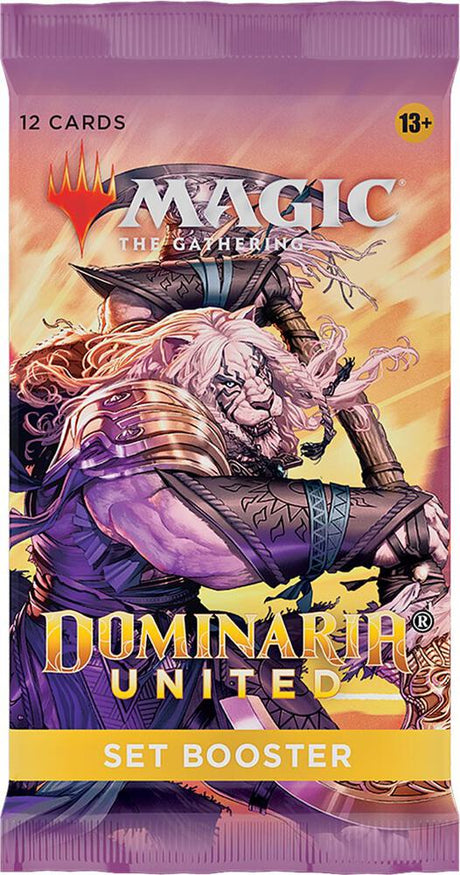 MTG Dominaria United Set Booster Pack by Wizards of the Coast, unopened booster pack with colorful Magic: The Gathering card graphics.